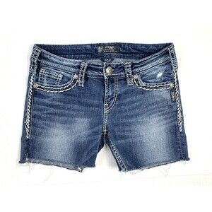 Silver Jeans Women's Sz 27/4 Aiko Mid-Rise Distressed Denim Blue Shorts Raw Hem